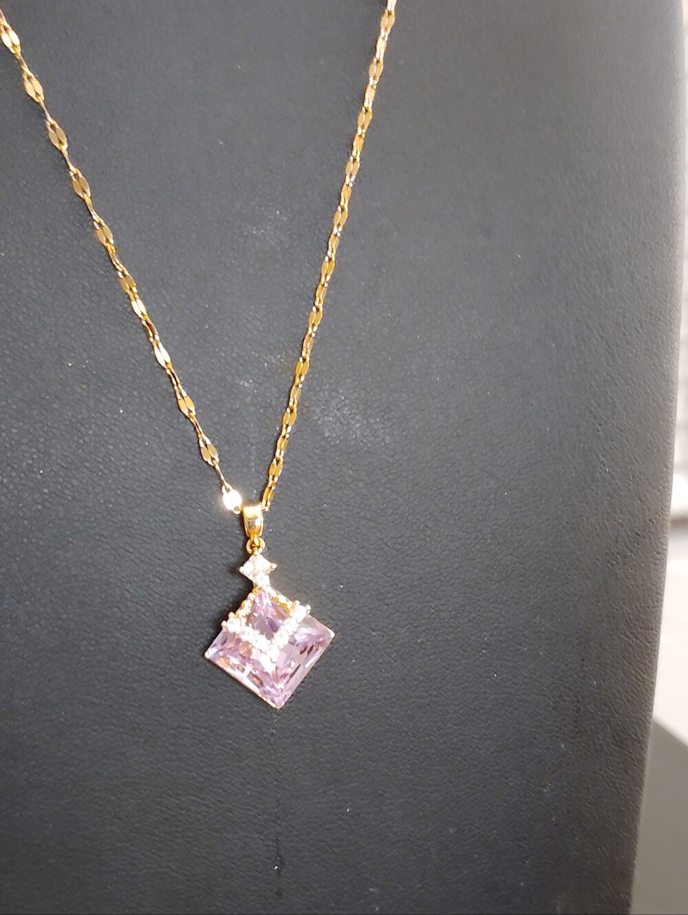 Gold Tone Stainless Steel Pink Princess Cut Crystal Pendant Necklace